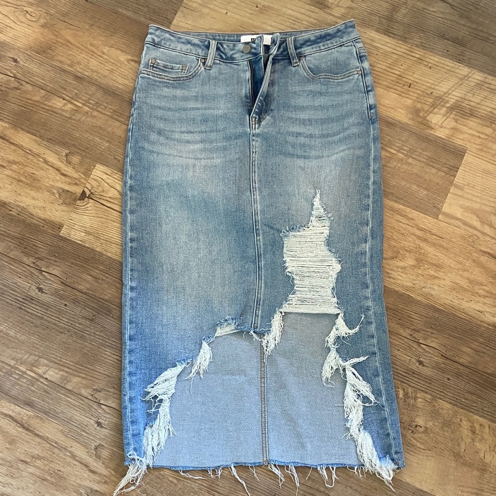Light Blue Distressed Denim Pencil Skirt